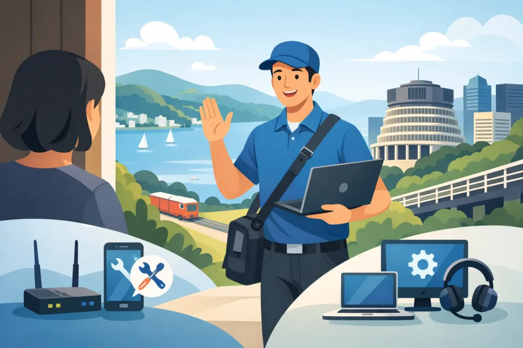 Tech Experts technician providing onsite IT support at a customer's door in the Hutt Valley